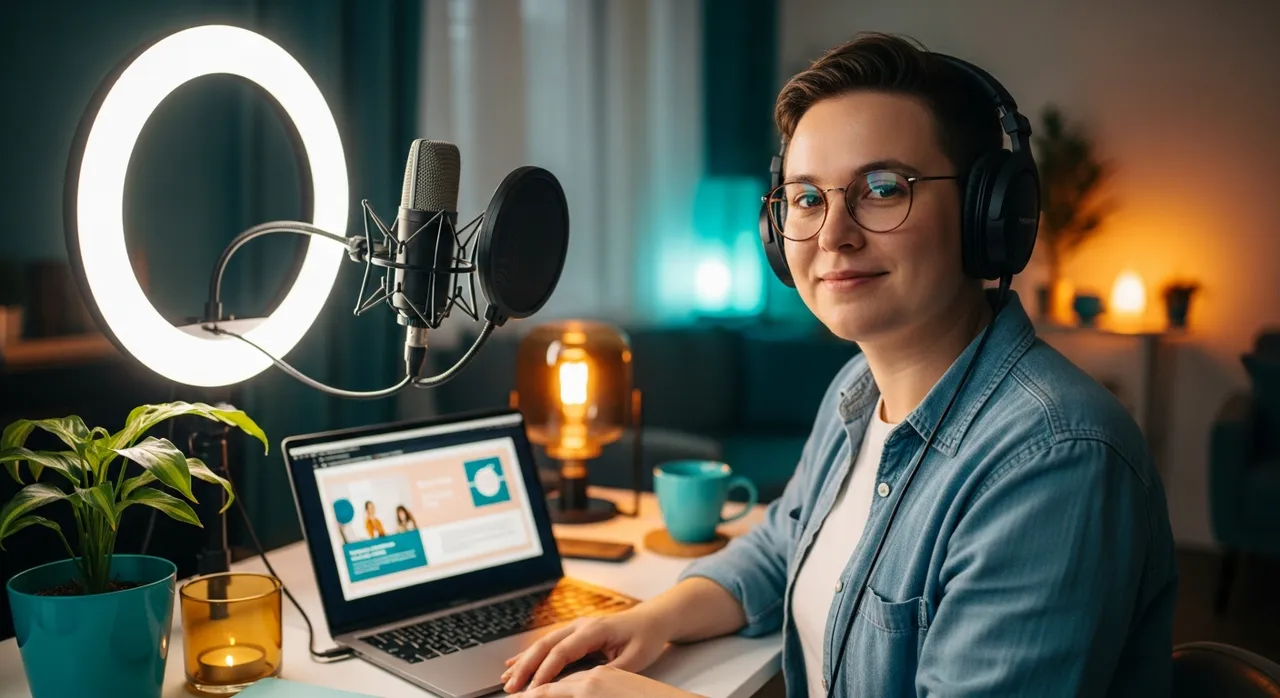 Person recording an online course at home with ring light and microphone