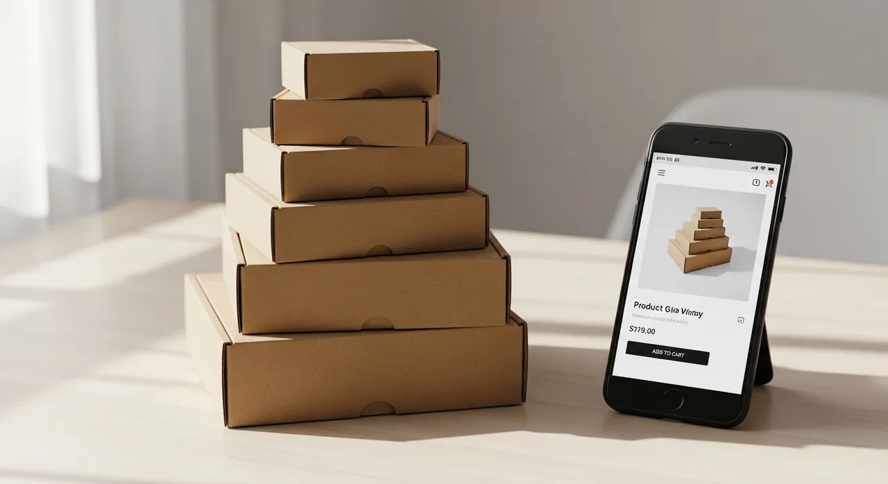 Stack of kraft shipping boxes next to a smartphone showing an online store