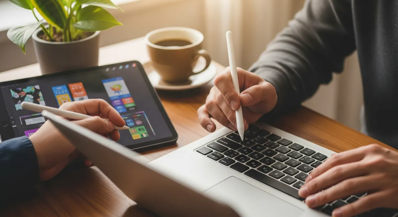 Freelancer working on a laptop with a stylus and tablet beside coffee