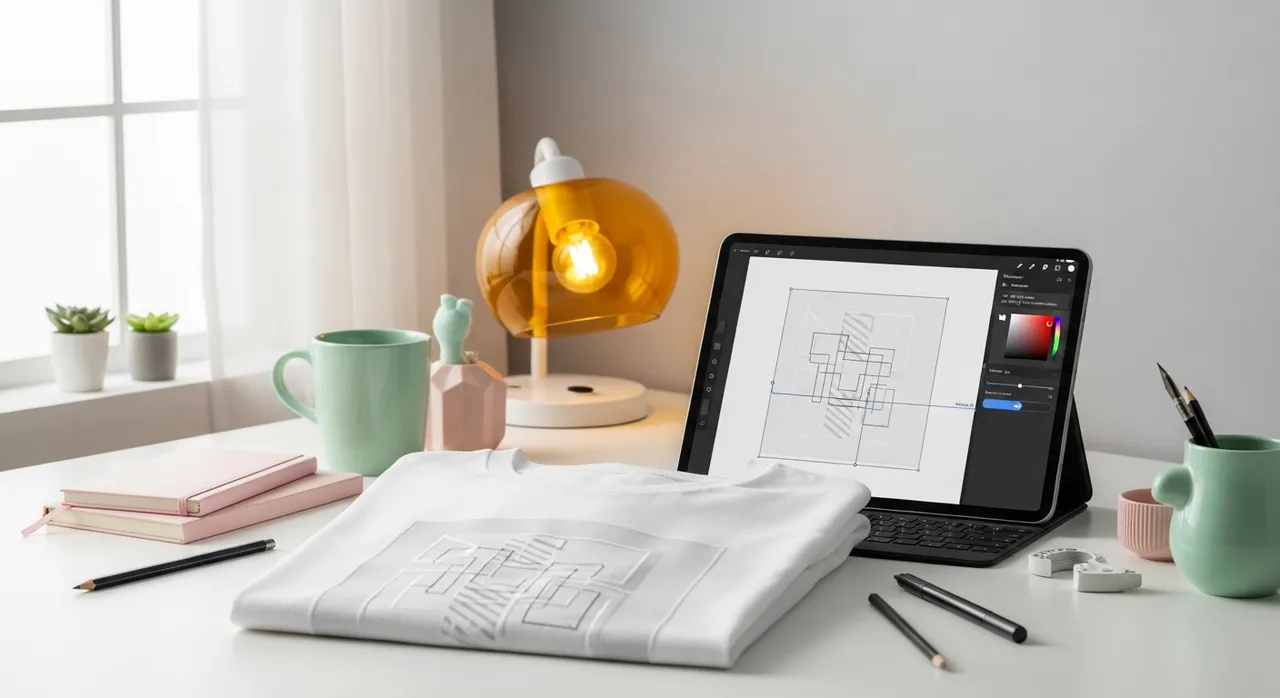 Folded blank t-shirt next to a tablet displaying a design tool
